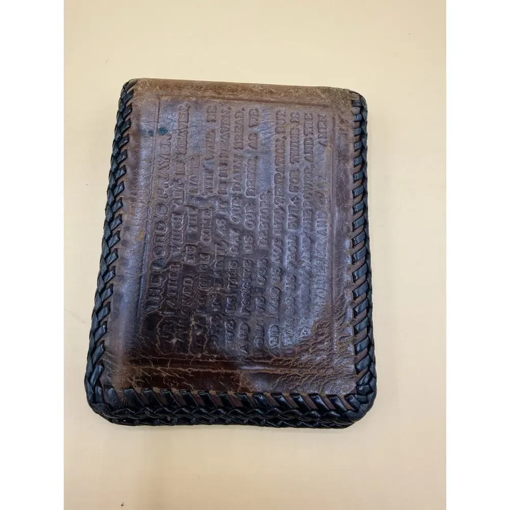 Vintage Leather Lord’s Prayer Wallet Jesus Crucifix Hand Tooled Billfold